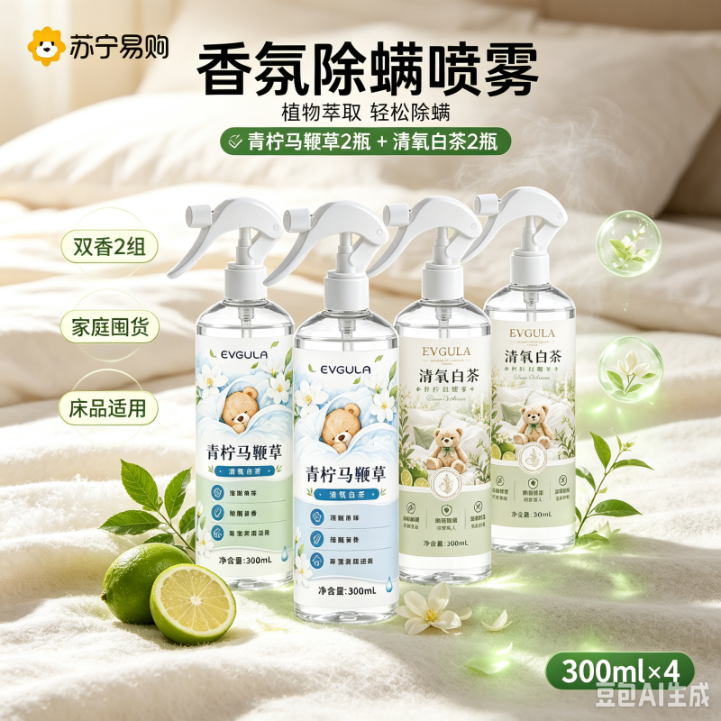 [4瓶]青柠马鞭草+清氧白茶EVGULA除螨喷雾床上家用宿舍免洗晒去螨虫祛螨虫喷雾剂多功能清洁自然香液体长效家居高清大图
