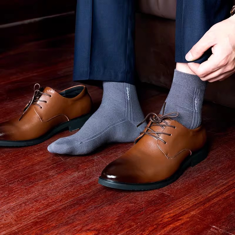 舒跑袜子男夏季精梳棉商务刺绣薄款抗菌透气中筒皮鞋袜高清大图