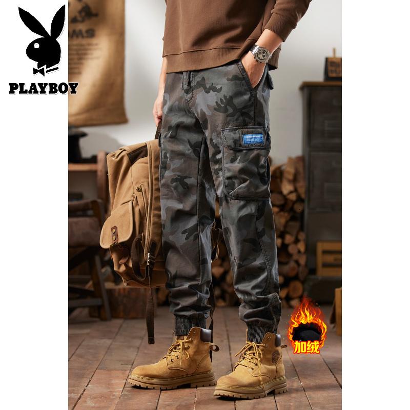 花花公子新款2025冬新款男士潮流日系多口袋休闲垂感显高迷彩加绒工装裤_728高清大图