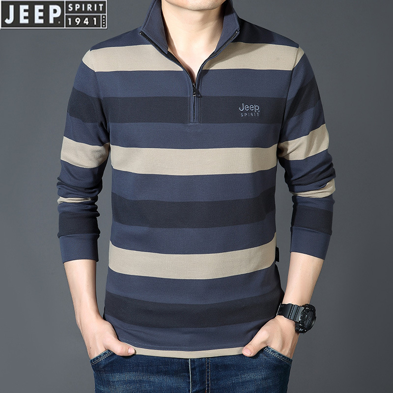 JEEP SPIRIT吉普春秋长袖T恤男装上衣纯棉时尚休闲条纹衫