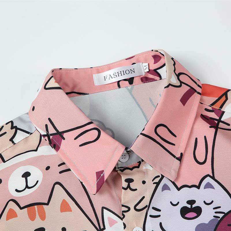 Claw money猫咪涂鸦花衬衫男短袖夏季潮牌冰丝宽松大码沙滩衬衣图片