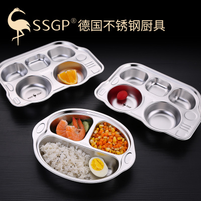 德国SSGP叁肆钢 儿童餐盘304不锈钢幼儿园饭盒餐具宝宝托盘卡通分格餐盘可爱餐盒 三格 熊猫（21.5cm*18cm）