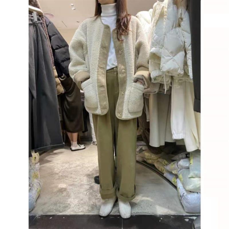 羊羔毛绒加厚短外套女皮毛一体秋冬新款圆领复古拼接韩版宽松棉衣