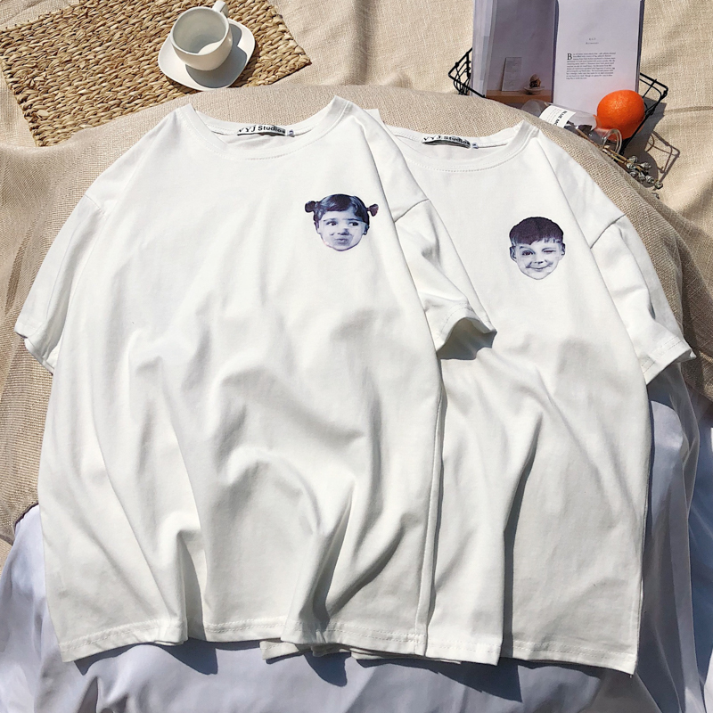 日系港风学生夏装新款白色印花半袖衣服宽松韩版情侣时尚短袖T恤