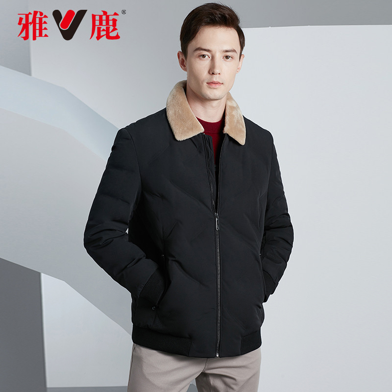 雅鹿羽绒服男士商务短款2019新款柔软羊羔绒毛领加厚冬装外套