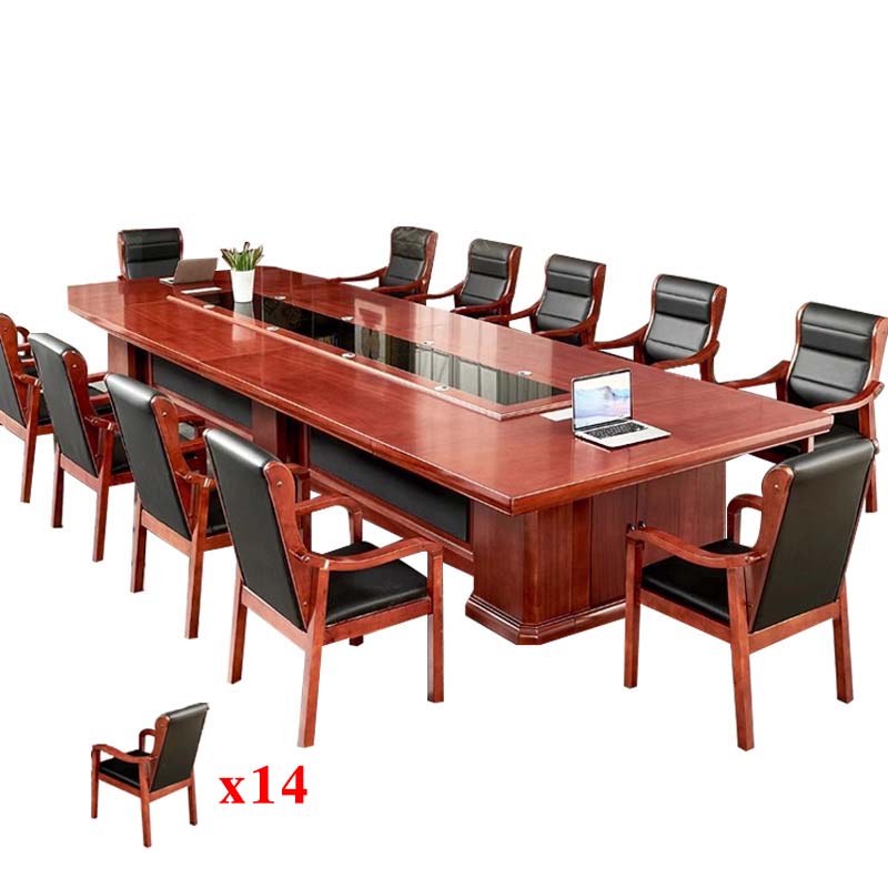 铭威盾大型油漆会议桌实木黑玻璃长桌开会办公室桌椅组合工作台4米会议桌+14把将椅高清大图
