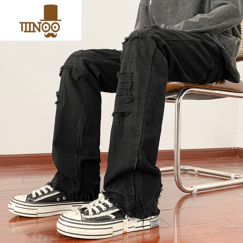 YANXU设计感破洞毛边牛仔裤男做旧水洗高街复古宽松直筒阔腿长高高清大图