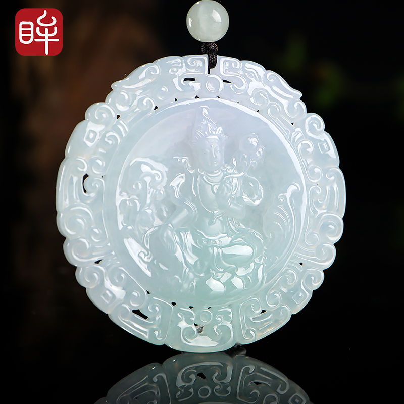 [下架]印象眸[玉雕大师周子周工作室作品]翡翠吊坠 翡翠度母观音/大势至菩萨男款生肖守护神孤品玉石挂件 附送证书