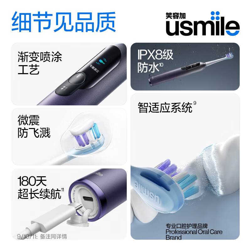 usmile笑容加 F10 PRO 电动牙刷 双面屏数字 (单位:个) 曜石黑高清大图