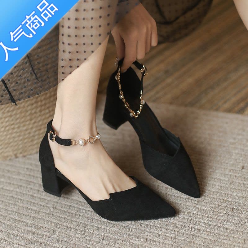 SUNTEK粗跟小码313233中跟包头凉鞋女夏季一字带黑色高跟鞋女珍珠单鞋图片