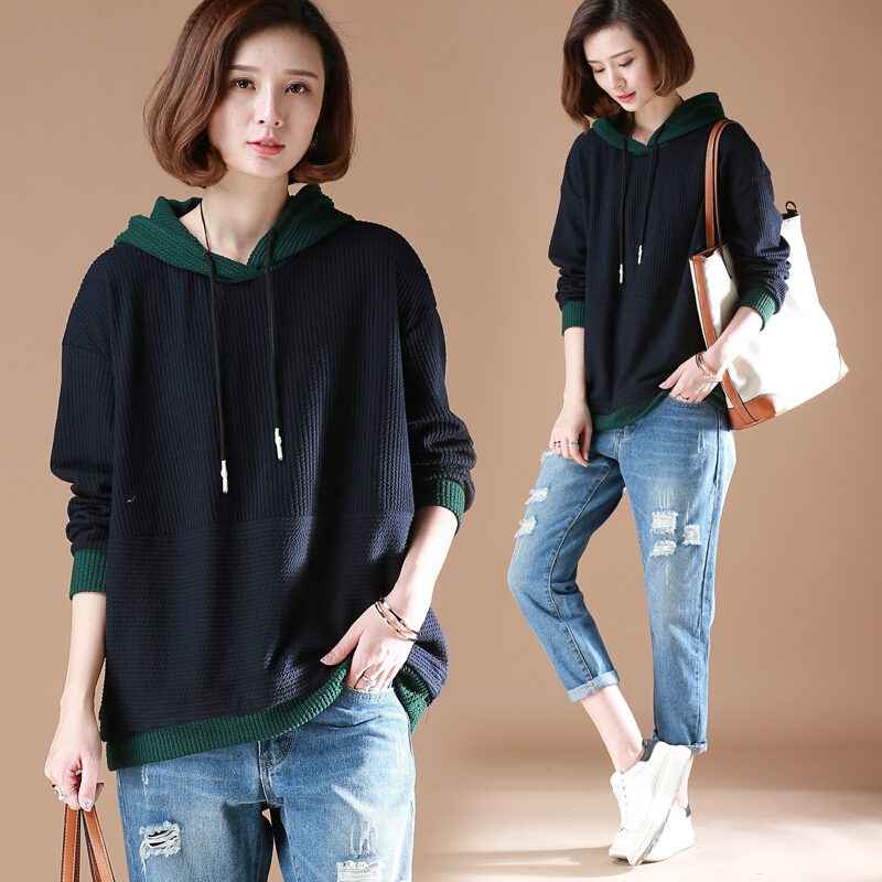 2018秋韩版宽松上衣长袖头外连帽衫薄款慵懒风卫衣潮 藏青 均