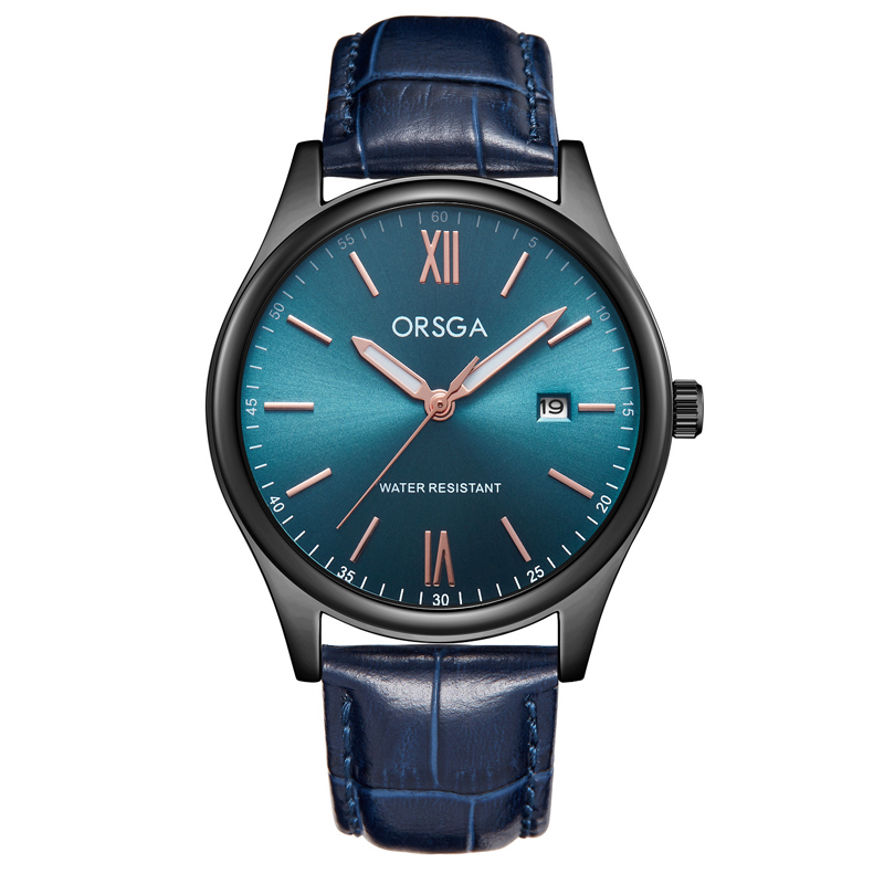 ORSGA手表男简约男士手表防水日历时尚休闲商务学生男表石英表腕表1131G 蓝皮带黑壳蓝面