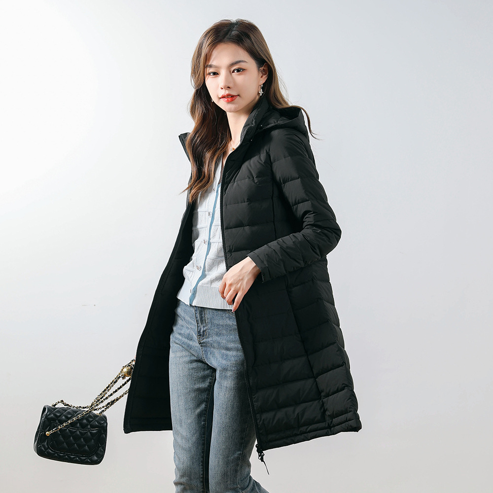 新款女式90绒纯色女装连帽带帽无缝羽绒服中长款大码外套_751031高清大图