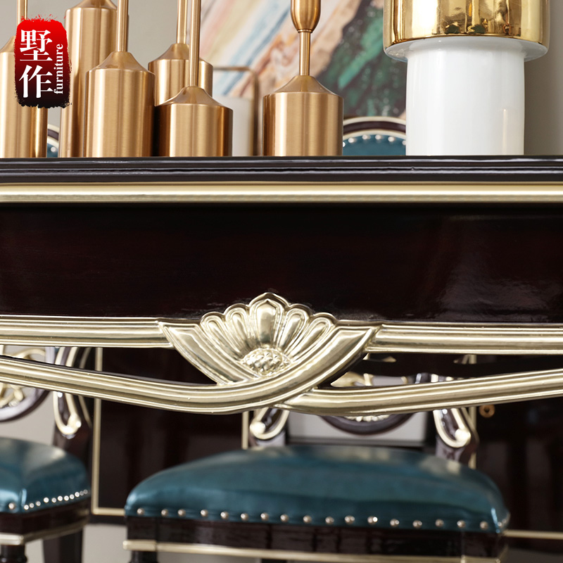 欧式全实木餐桌椅组合法式家具新古典田园长餐桌餐椅真皮实木家具 有扶手餐椅一桌六椅框架结构