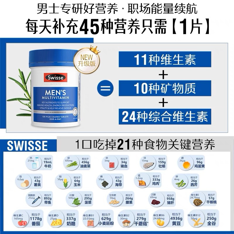 Swisse男士复合维生素片剂120粒/瓶装 澳洲原装进口 成年男性复合维生素矿物质营养补充