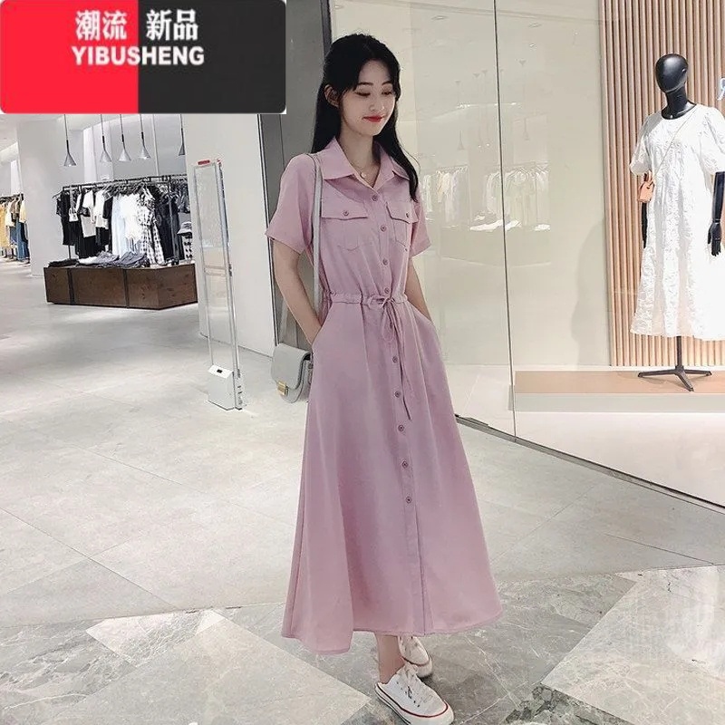 YIBUSHENG连衣裙女短袖季2024系带收腰显瘦休闲气质森系初恋衬衫过膝长恋高清大图