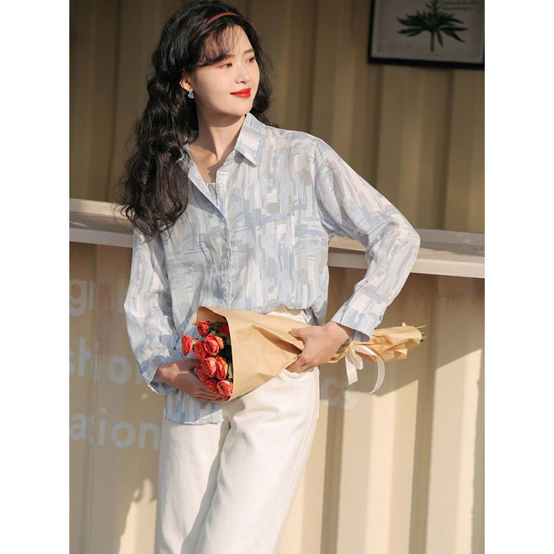秋壳垂感衬衫女设计感小众2022夏季宽松长袖防晒衬衣雪纺碎花上衣