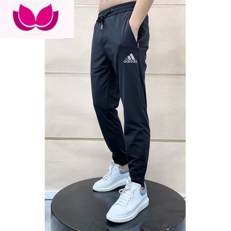 七斓夏季牛奶冰丝休闲裤男弹力透气九分速干裤新款潮牌印花小脚运动裤图片