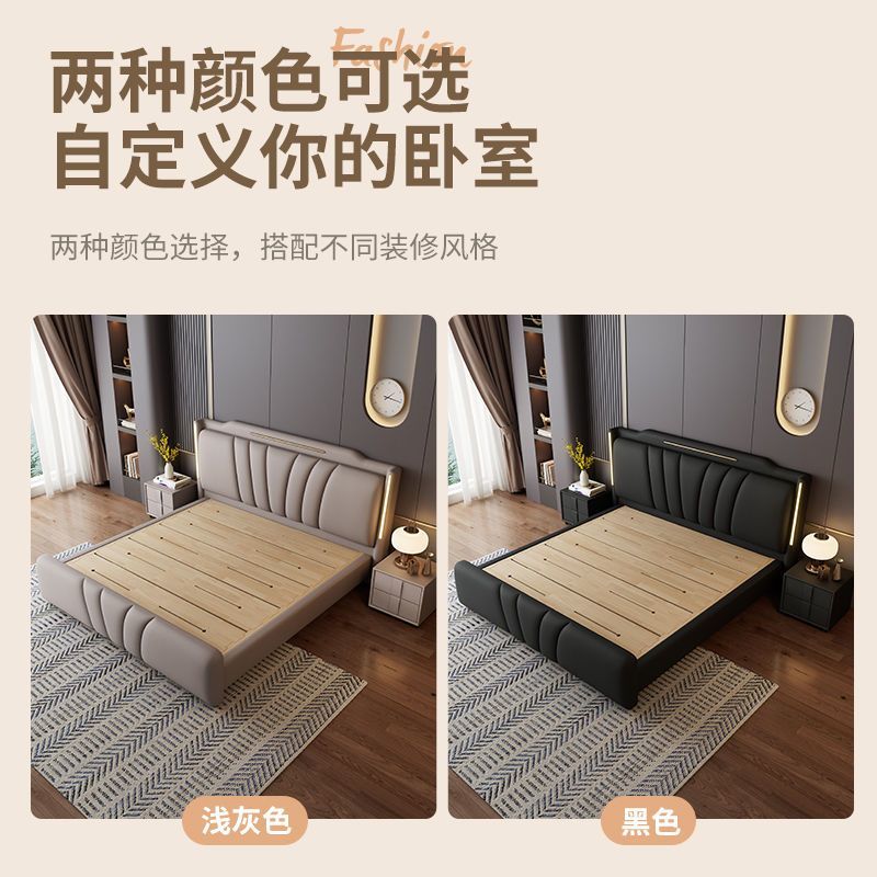 意式真皮床轻奢现代简约主卧室双人床高端网红婚床家用实木储物床高清大图