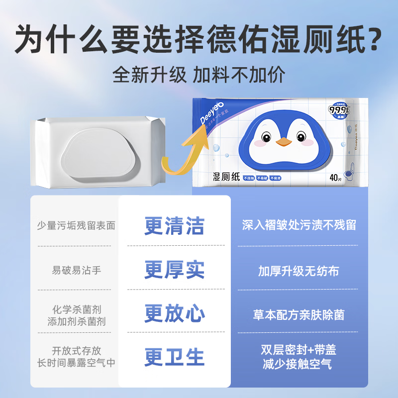德佑纯水湿厕纸家庭实惠装擦屁股厕纸湿巾洁厕纸男女士专 纯水湿厕纸40抽*3包高清大图