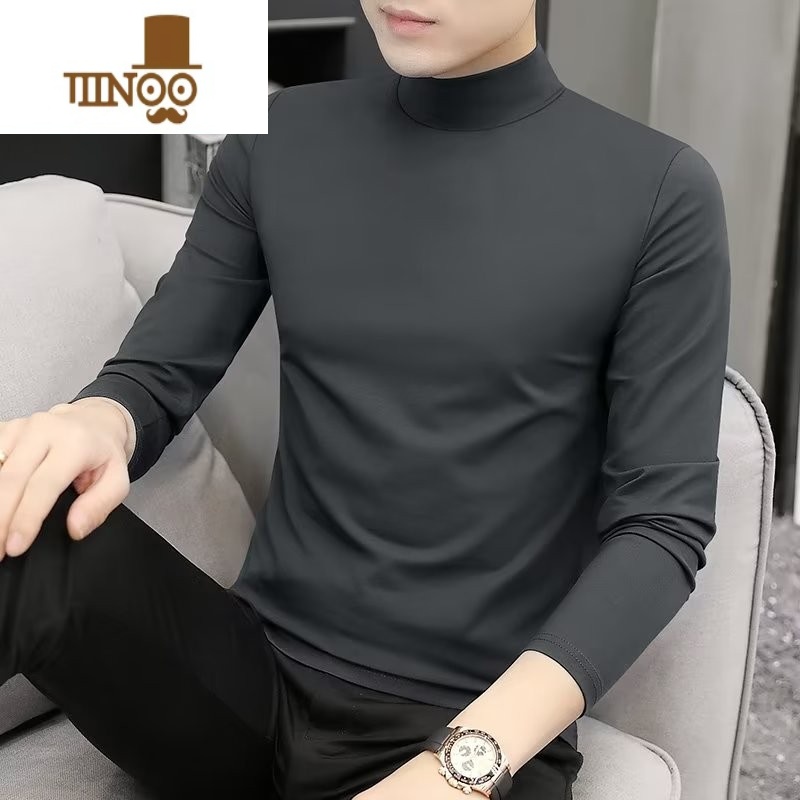 YANXU莫代尔半高领长袖t恤男士薄款修身内搭打底衫中领秋衣男高清大图