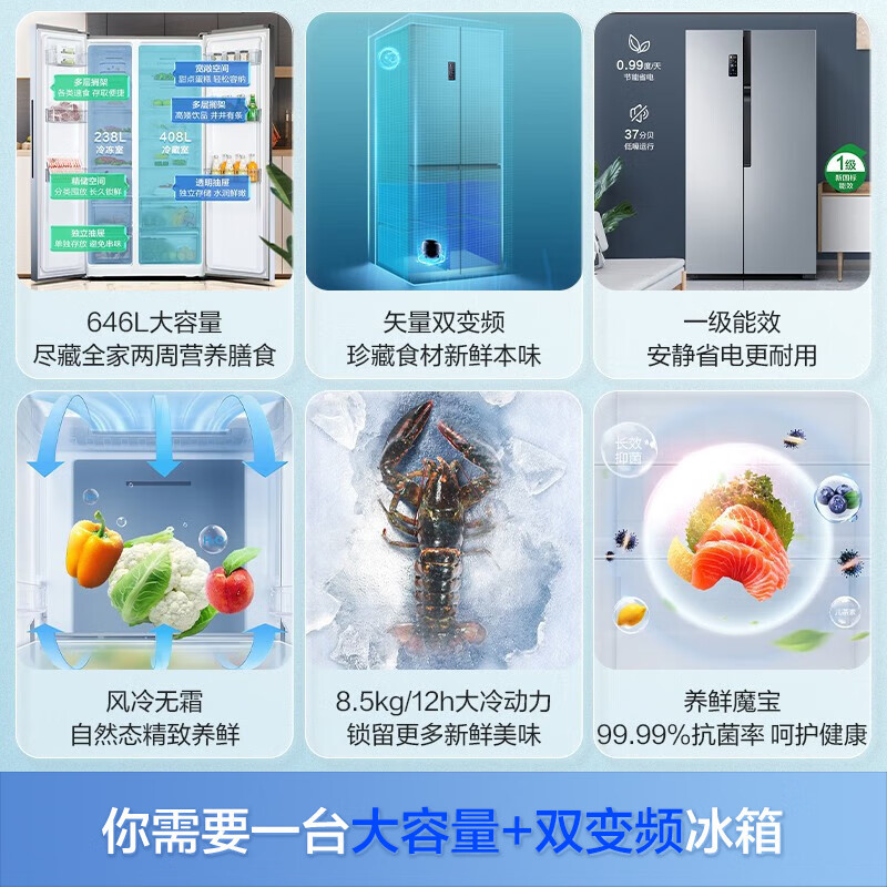 容声(Ronshen) 646升 对开门冰箱 双开门 一级能效 变频风冷无霜智能 国补BCD-646WD11HPA