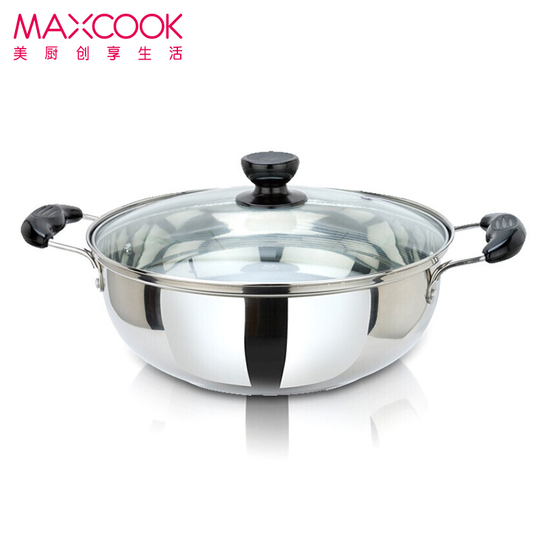 美厨 304不锈钢火锅 30cm汤锅电磁炉火锅加厚复底带盖 送一对火锅勺 燃气炉电磁炉通用MH-30高清大图
