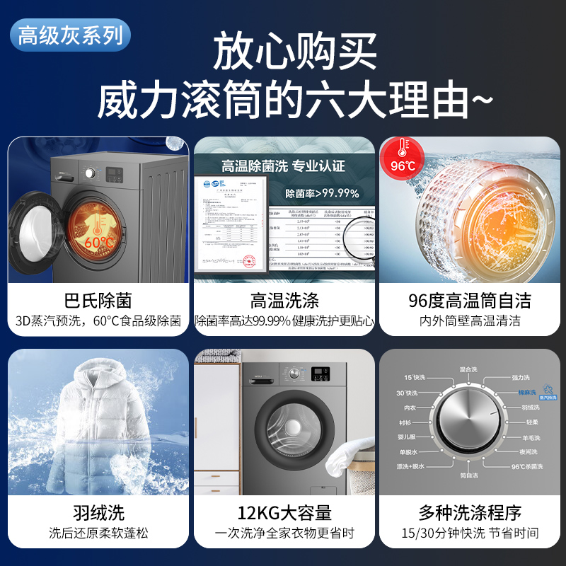 威力12公斤大容量变频滚筒 高温筒自洁 15分钟快速洗 蒸汽洗 一级能效全自动洗衣机XQG120-1216DPX钛金灰高清大图