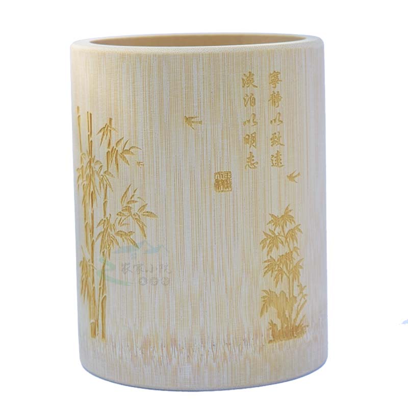 竹制笔筒原色刻复古木质天然创意办公桌梅兰菊简约摆件 三维工匠 原色-1(梅)高清大图