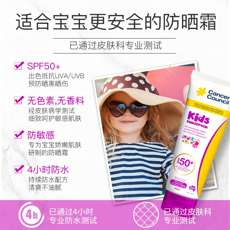 [效期至25年1月]Cancer Council儿童防晒霜宝宝大童幼儿小孩学生防汗防水SPF50+高清大图
