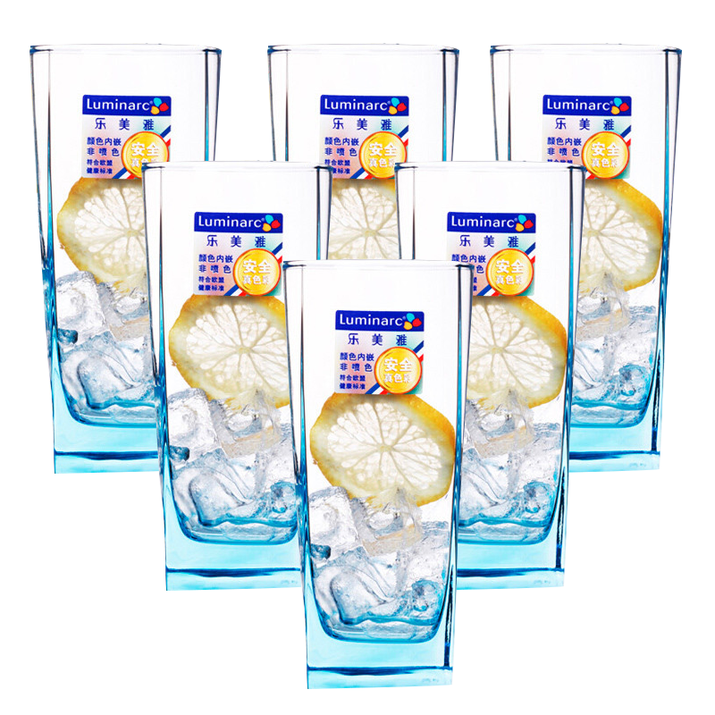 Luminarc法国弓箭(ARC)乐美雅 凝彩冰蓝色水杯茶杯酒杯啤酒杯玻璃杯330ML(六只装)H5803不保温