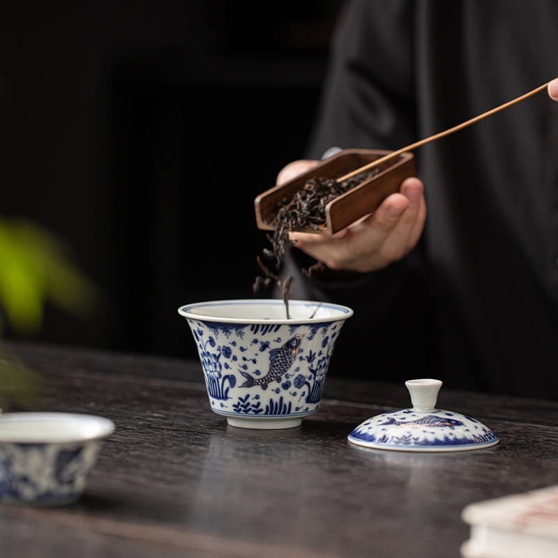 苏氏陶瓷(SUSHI CERAMICS)柴窑青花描金鱼藻纹盖碗旅行便捷茶具非遗大师苏爱珍作品