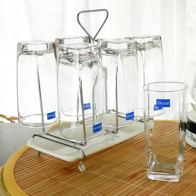 ocean进口无铅玻璃杯水杯牛奶饮料果汁茶杯子6只320ML配水杯架子套装高清大图