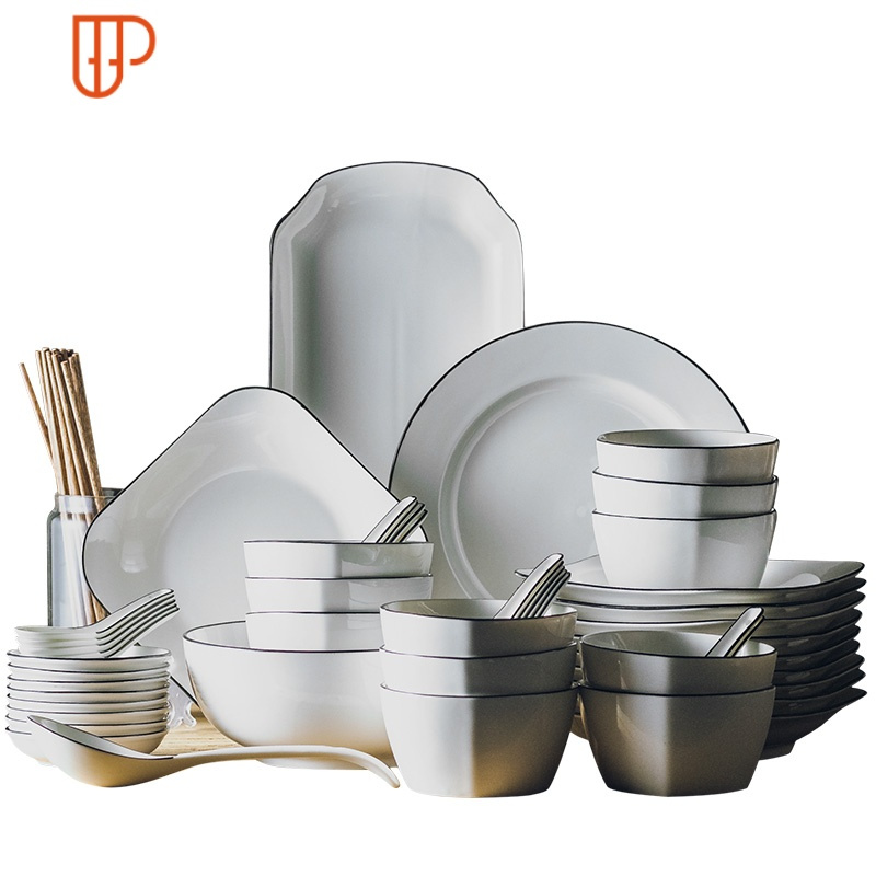 碗碟套装 家用4人日式方形盘子餐具 创意骨质四方盘