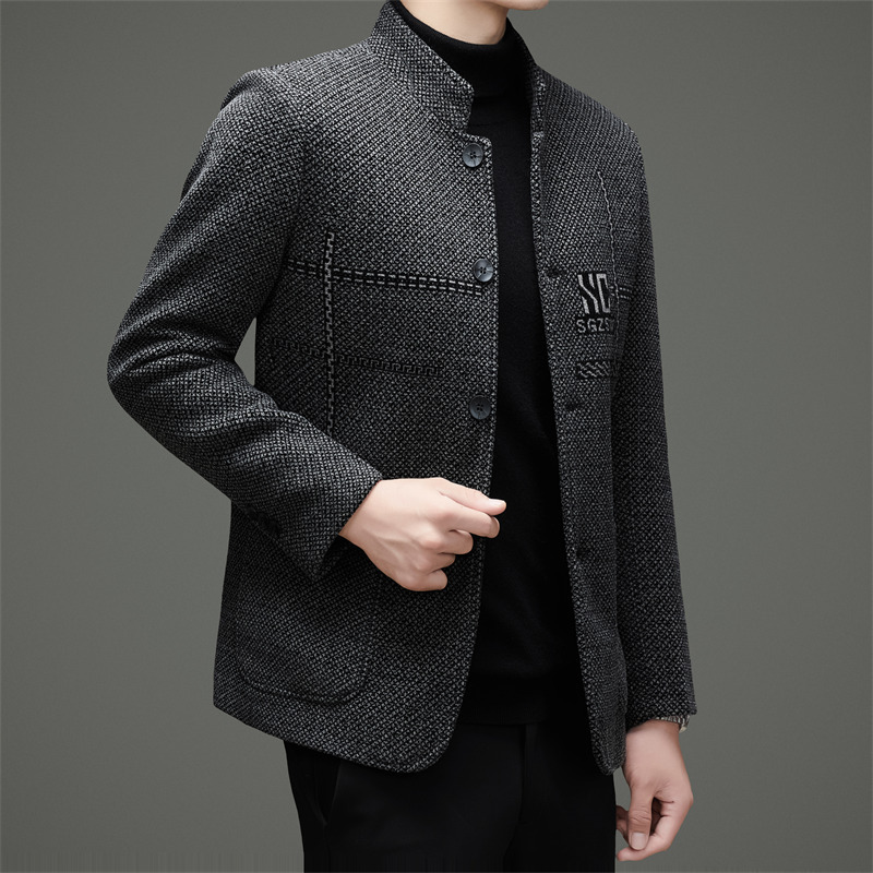 新款时尚秋冬中老年西服男商务休闲爸爸装千鸟格西装外套