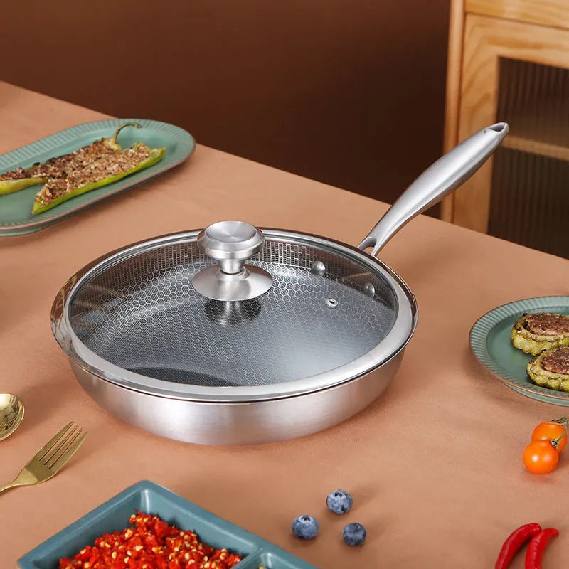 316不锈钢平底锅煎锅24-30cm无涂层无油烟不粘锅烙饼锅家用炒菜锅