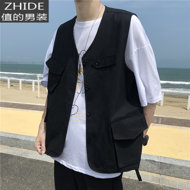 SUNTEK夏季马甲外套男坎肩背心外穿搭配港风国潮嘻哈薄款多口袋工装马夹马甲/背心高清大图