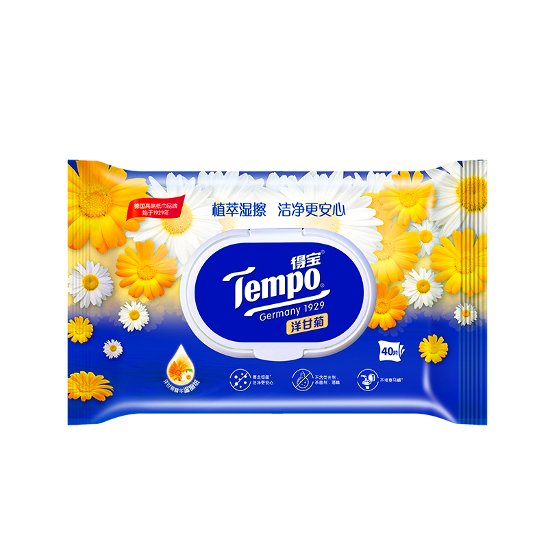 得宝(Tempo)植物呵护洋甘菊湿厕纸40片5包(新老包装交替发货)