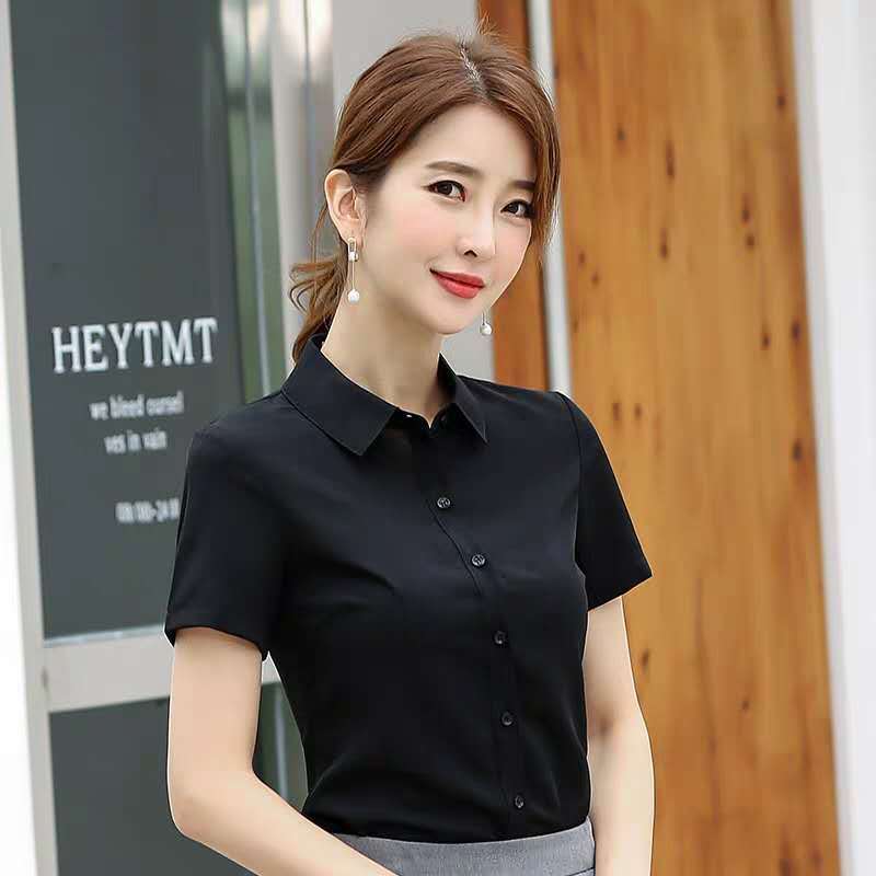 黑色女士衬衫女夏短袖职业装2020新款韩版修身显瘦打底V领衬衣工作服威珺参数配置_规格_性能_功能-苏宁易购