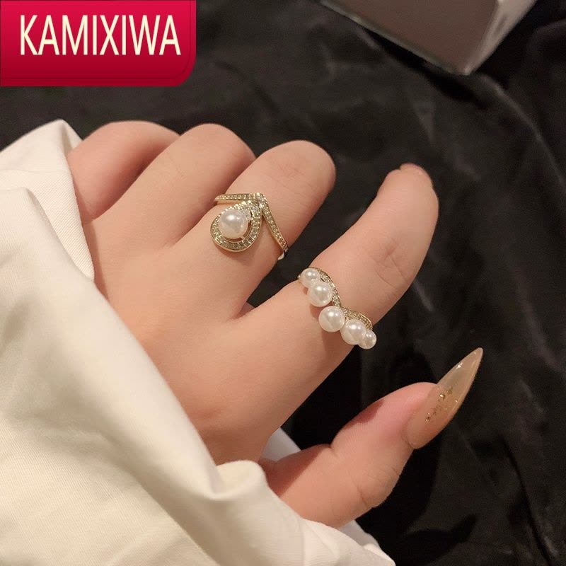 KAMIXIWA气质温柔高级感珍珠皇冠叠戴戒指两件套装闪钻百搭网红食指戒子女图片