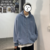 SUNTEK秋冬韩版潮流字母加绒连帽开衫卫衣外套bf宽松运动卫衣卫衣 蓝色 XL