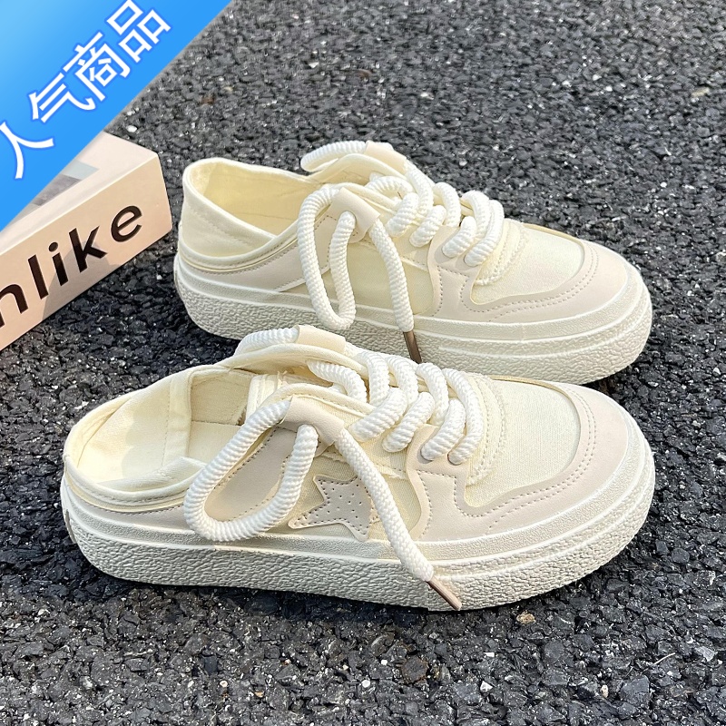 SUNTEK帆布鞋女原创2023夏季新款百搭小白鞋小众设计两穿一脚蹬板鞋高清大图