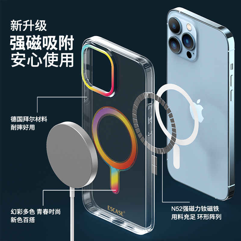 ESCASE苹果iPhone13Promax手机壳Magsafe磁吸彩虹透明防摔2021硅胶软边超薄手机保护套男女款适用