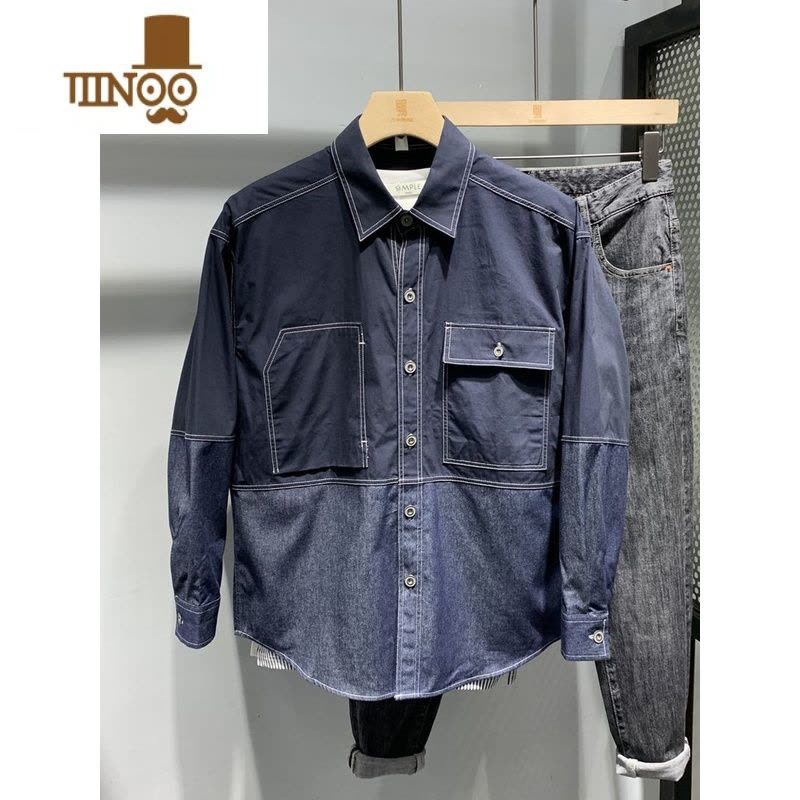 YANXU2023秋季新款男士纯色休闲长袖衬衫牛仔潮流拼接撞色宽松衬衣外套图片