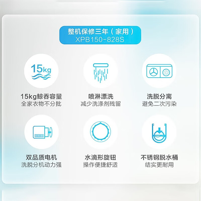 海尔(Haier)双缸洗衣机半自动波轮洗衣机双桶15公斤大容量强劲洗衣洗脱分离单脱水洗衣机双动力 XPB150-828S高清大图