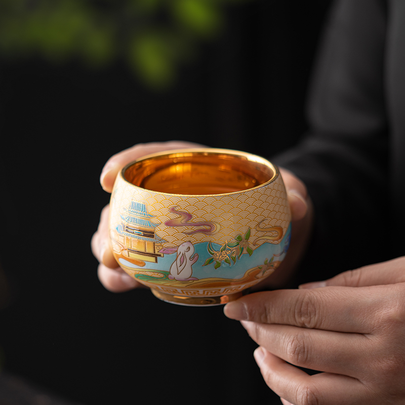 苏氏陶瓷(SUSHI CERAMICS)鎏金玉兔东升主人杯品茗杯个人功夫茶杯