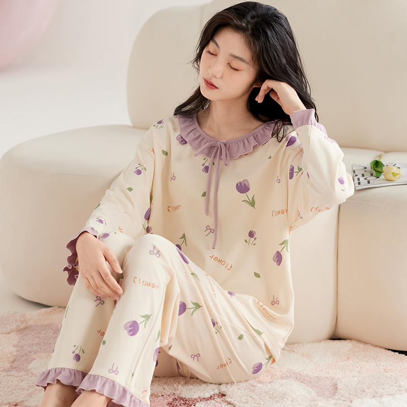 浪莎睡衣女春秋冬款花边公主风纯棉长袖裤套装冬天女生甜美家居冬高清大图