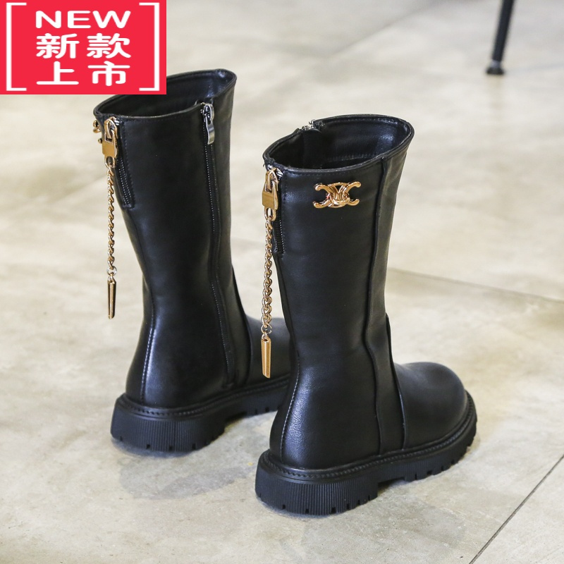 可莉允儿童靴子2022年秋冬季新款女童黑色加棉保暖长筒靴小女孩软底童鞋