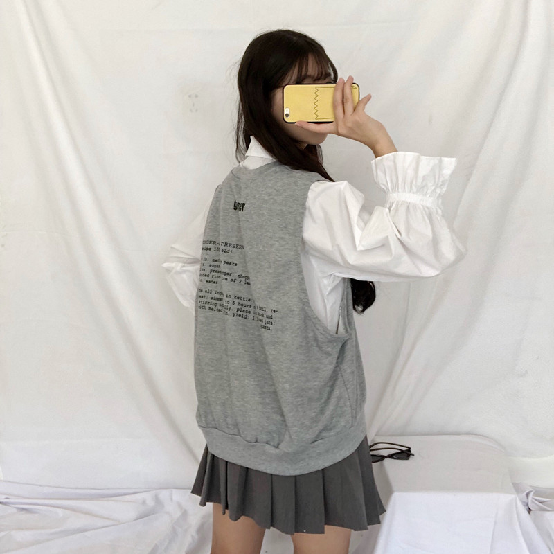 秋装女新款韩版学院风宽松字母V领学生无袖卫衣女马甲外套上衣潮