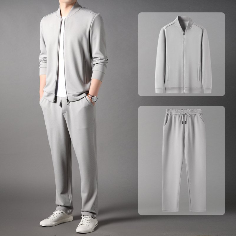 华夫格休闲套装男运动两件套春秋季棒球领长袖卫衣外套潮流长裤高清大图
